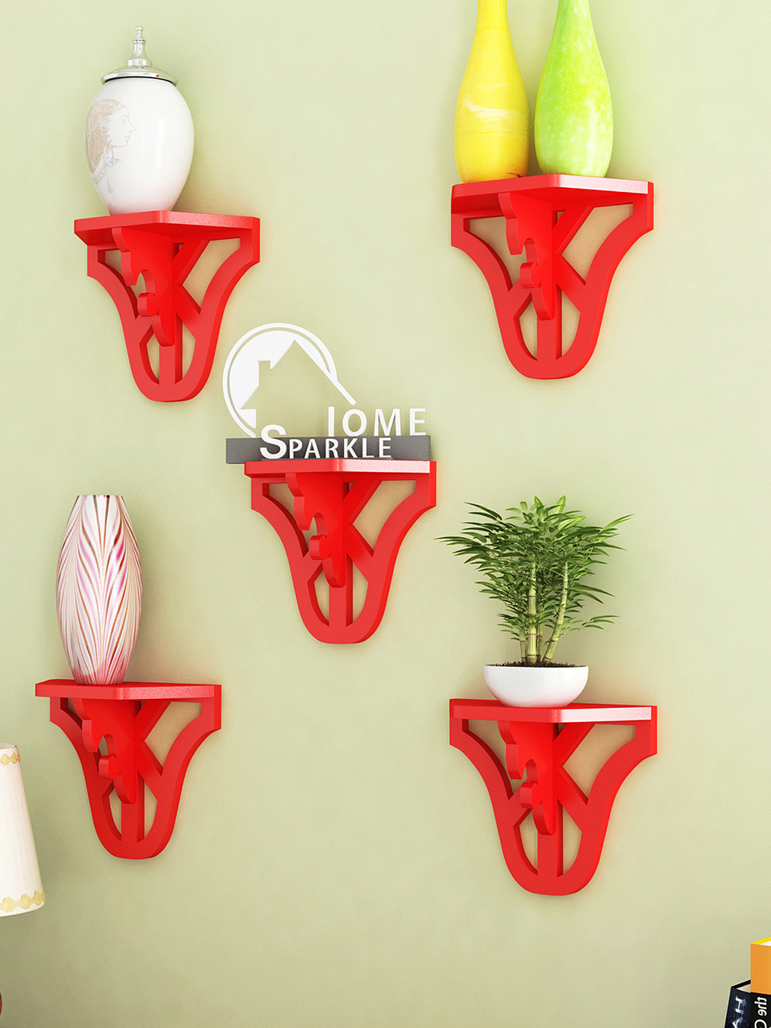 Home Sparkle Set of 5 Red Carved Wall Shelves