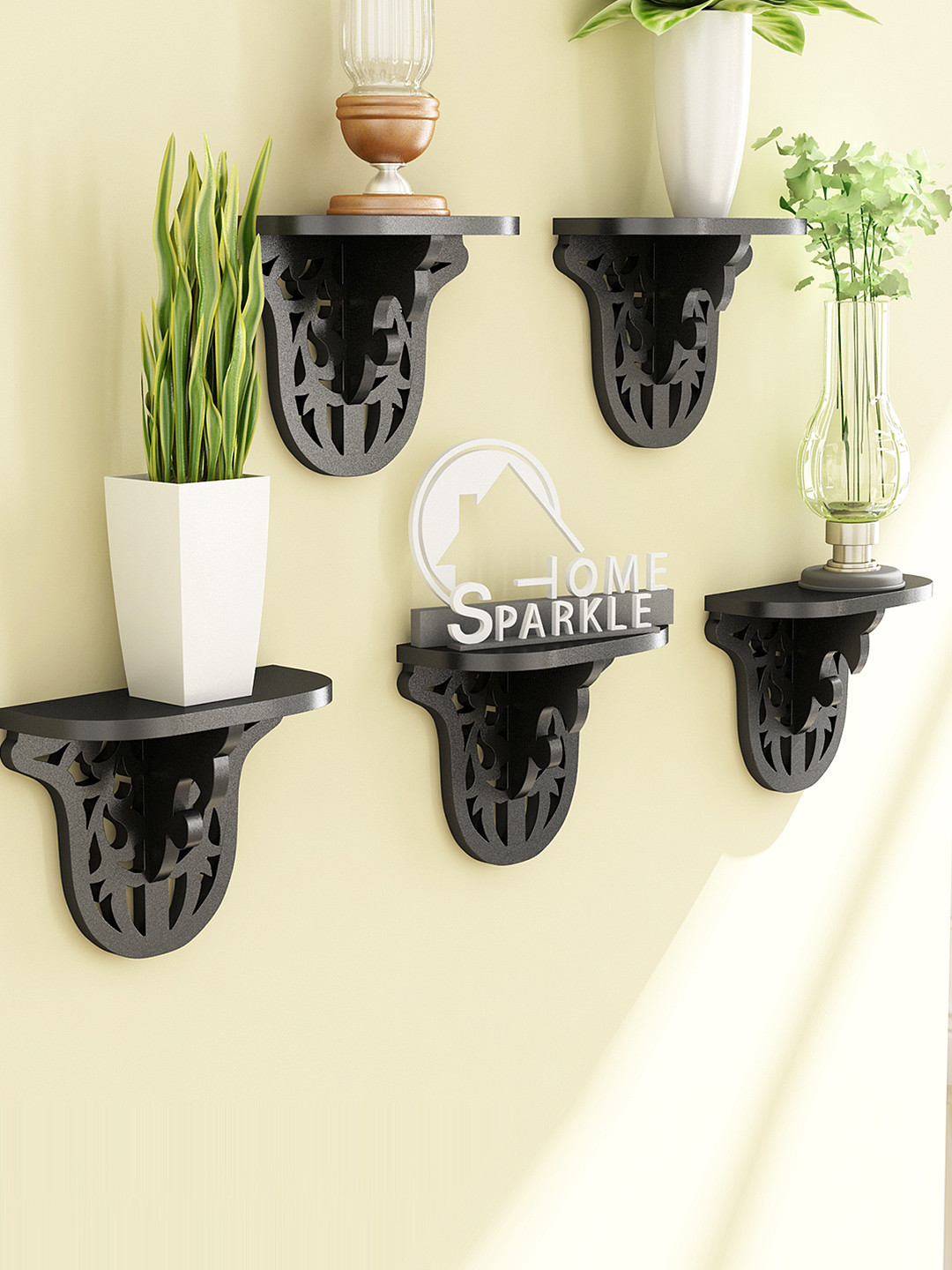 Home Sparkle Set of 5 Black Carved Wall Shelves