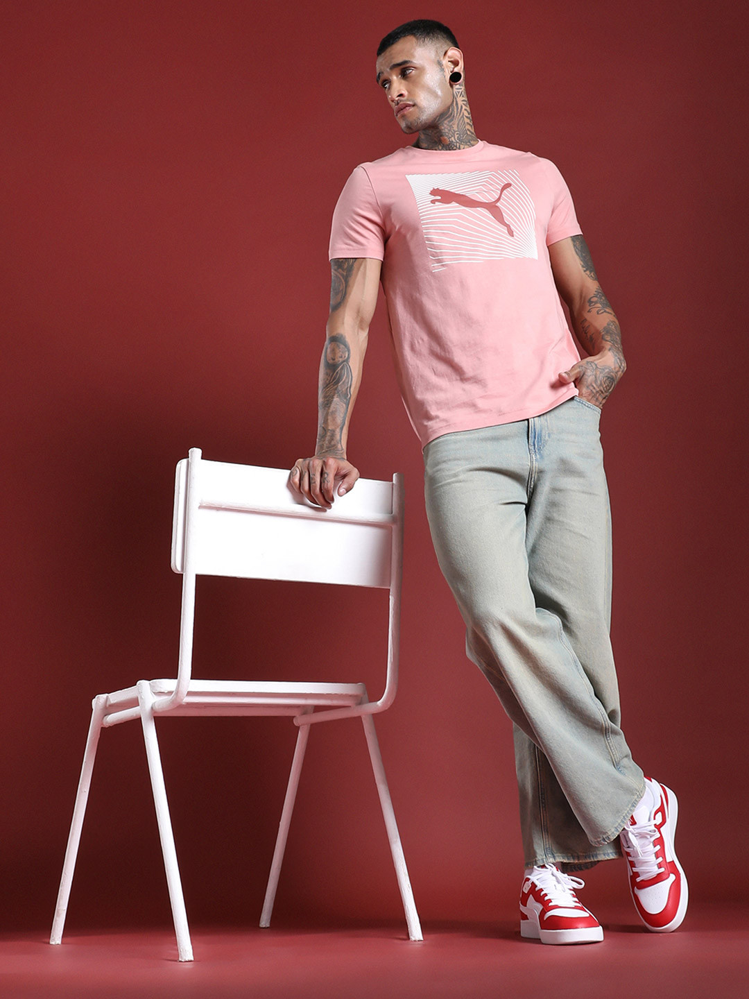 Puma Men Pink & White Brand Logo Printed Slim Fit T-shirt
