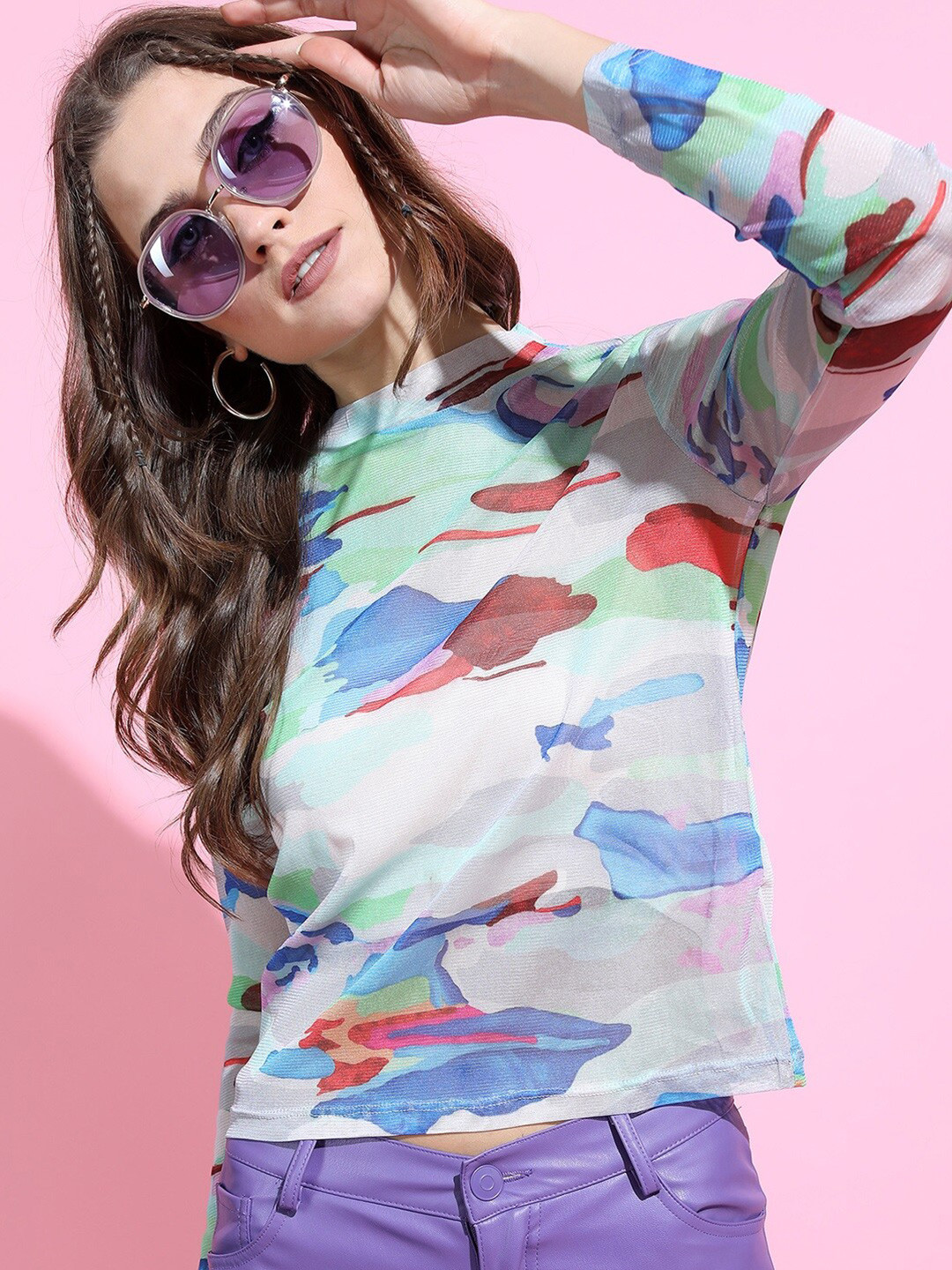 Tokyo Talkies Grey & Blue Print Top