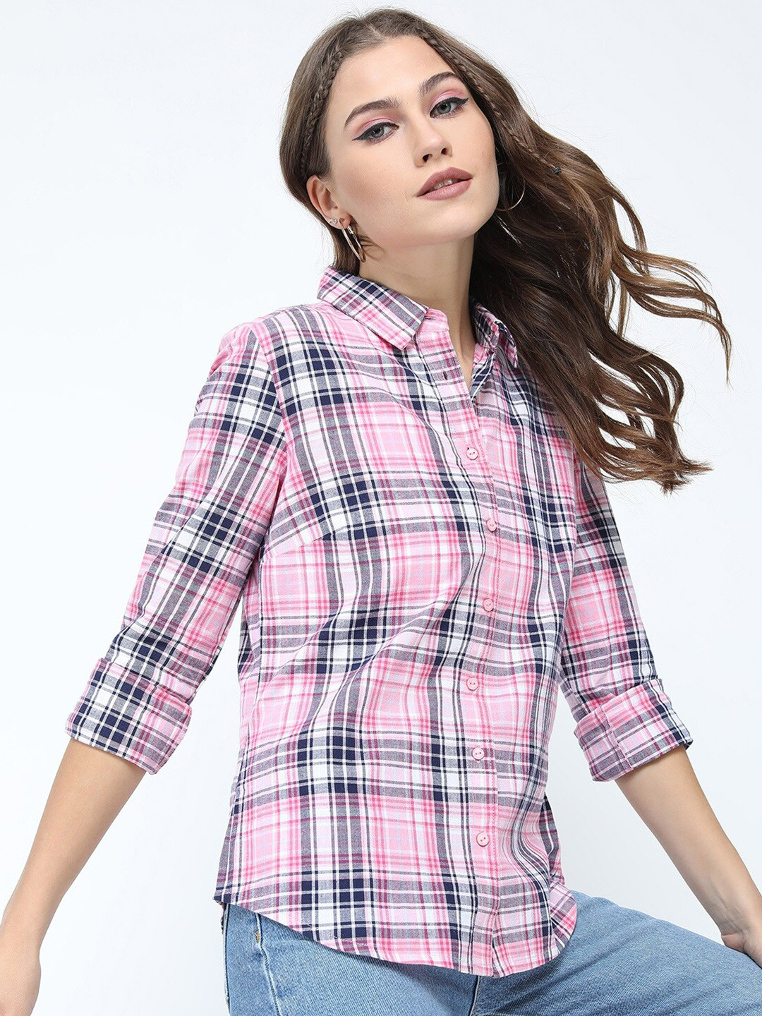 Tokyo Talkies Women Pink & Navy Blue Checked Casual Shirt
