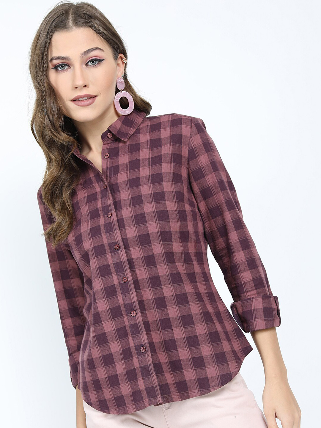 Tokyo Talkies Women Purple Buffalo Checks Checked Casual Shirt