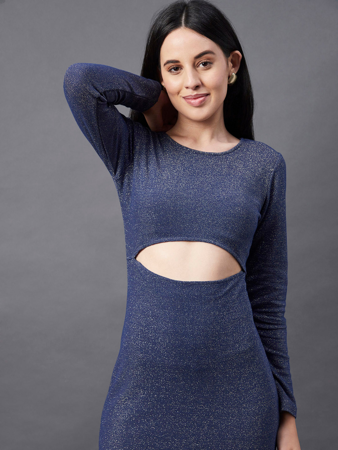 Rigo Navy Scoop Neck Shimmering Long Sleeve Party Dress