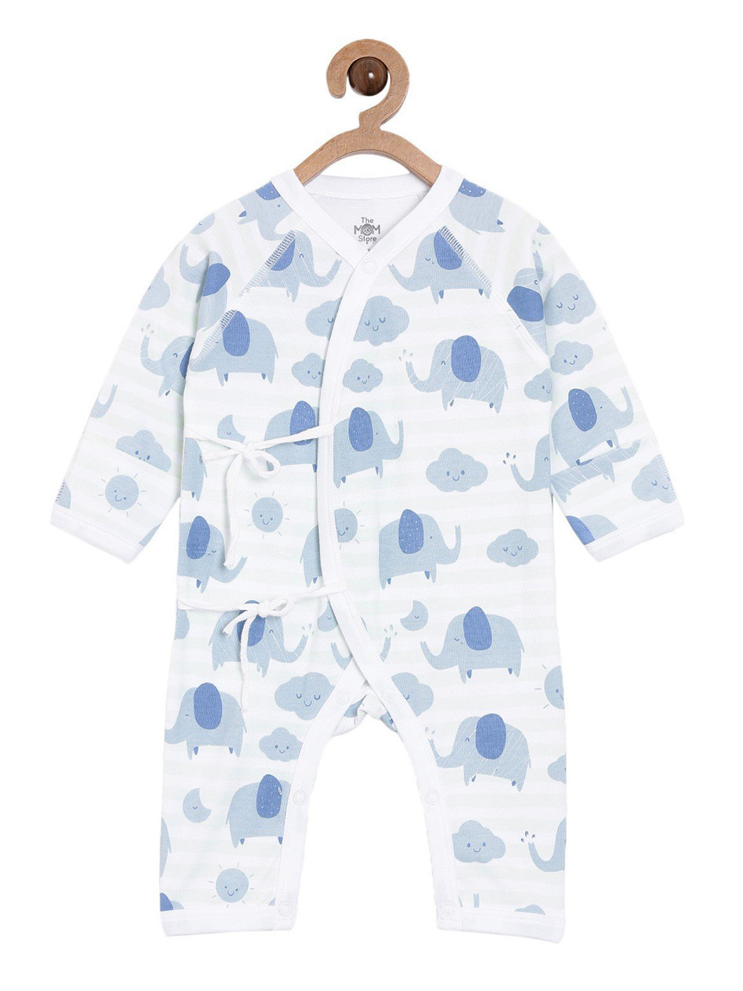 The Mom Store Infants White & Blue Printed Cotton Romper