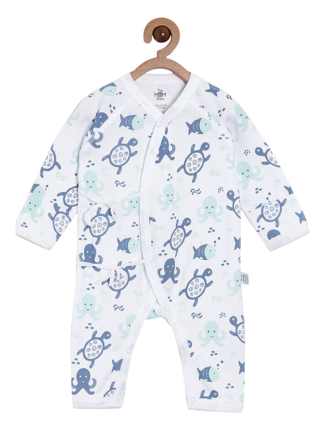 The Mom Store Infant Kids White & Blue Printed Pure Cotton Rompers