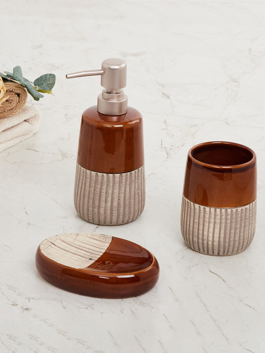 Home Centre Brown & Beige Set of 3 Colourblocked Ceramic Bathroom Set