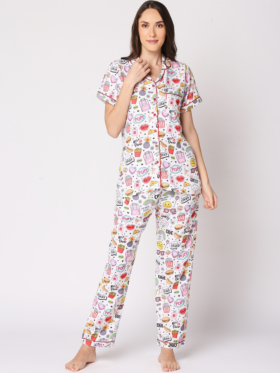 Pyjama Party Women White & Red Printed Night suit