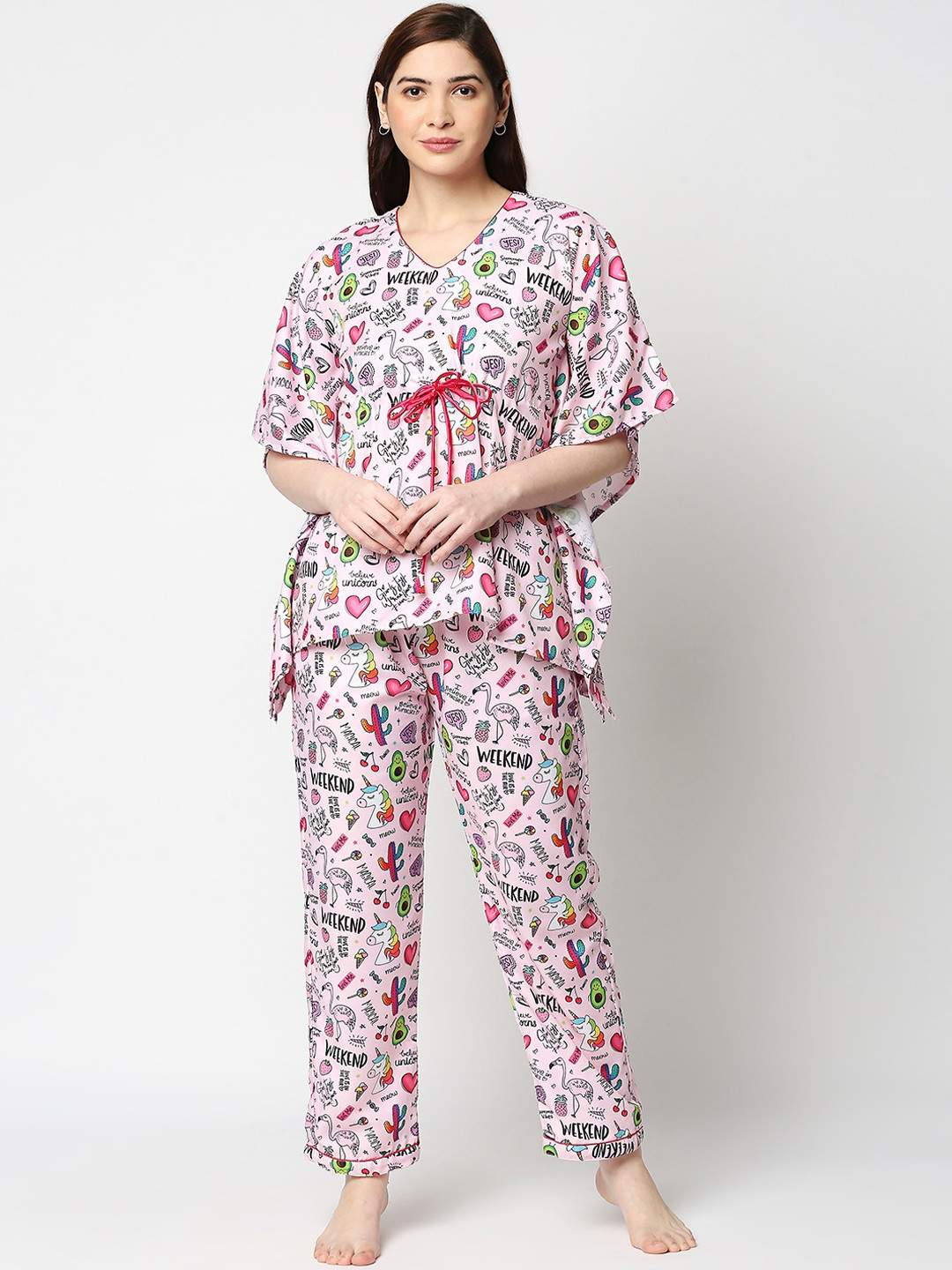 Pyjama Party Women Pink & Green Printed Night suit