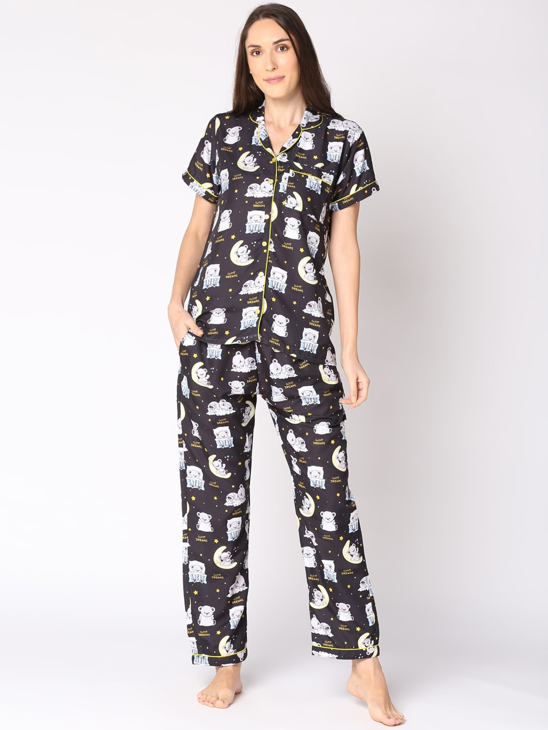 Pyjama Party Women Black & White Printed Night suit