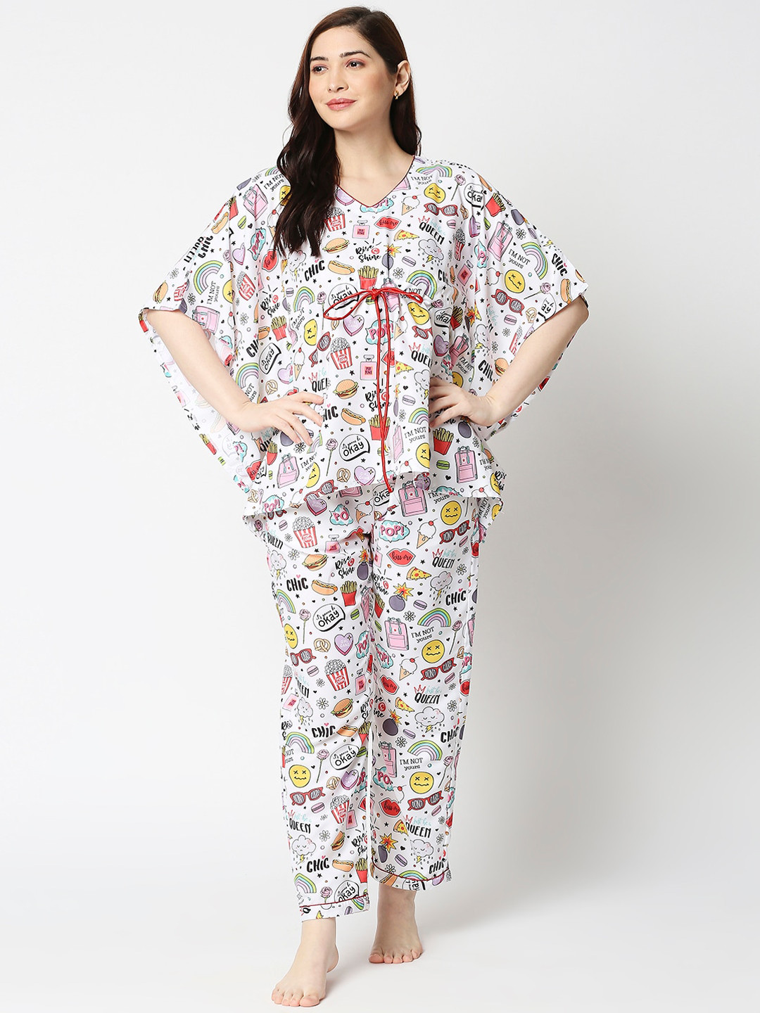 Pyjama Party Women White & Yellow Printed Night suit
