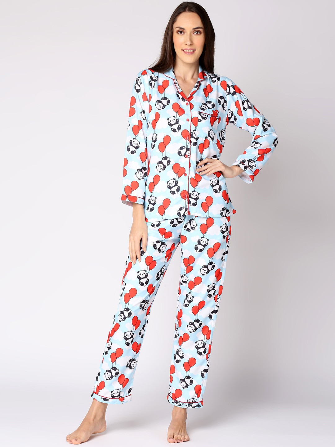 Pyjama Party Women Blue & Red Panda Printed Night suit