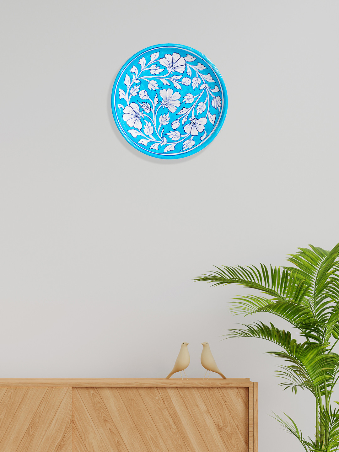 Golden Peacock Floral Design, Blue Pottery Ceramic Glossy Hanging Hall Wall Plates-8.3In