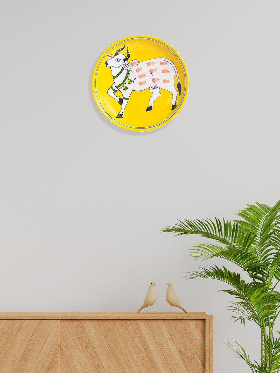 Golden Peacock Pottery Cow Ceramic Floral Glossy Hanging Hall Wall Plates-8.3In