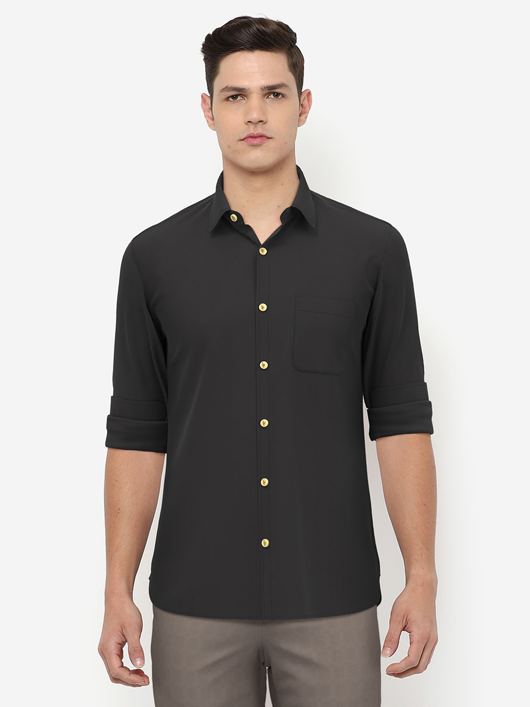 Peter England Casuals Men Black Slim Fit Casual Linen Shirt