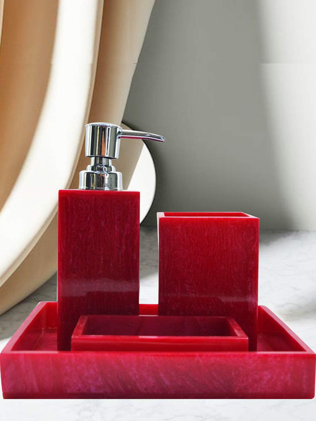 Tranquil square Set of 4 Red Solid Resin Bathroom Accessories