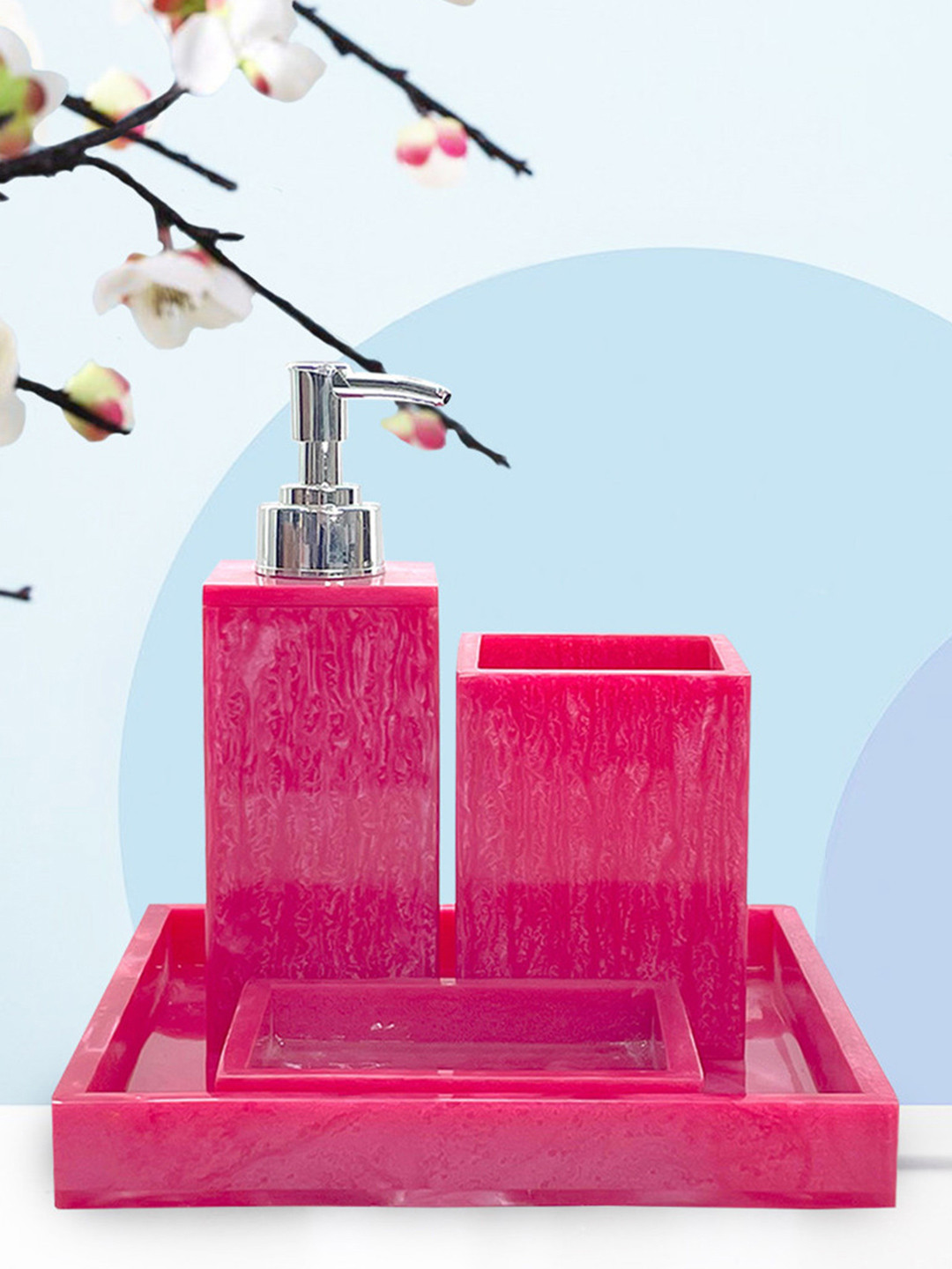 Tranquil square 4-Pieces Pink & White Abstract Printed Bathroom Accessories