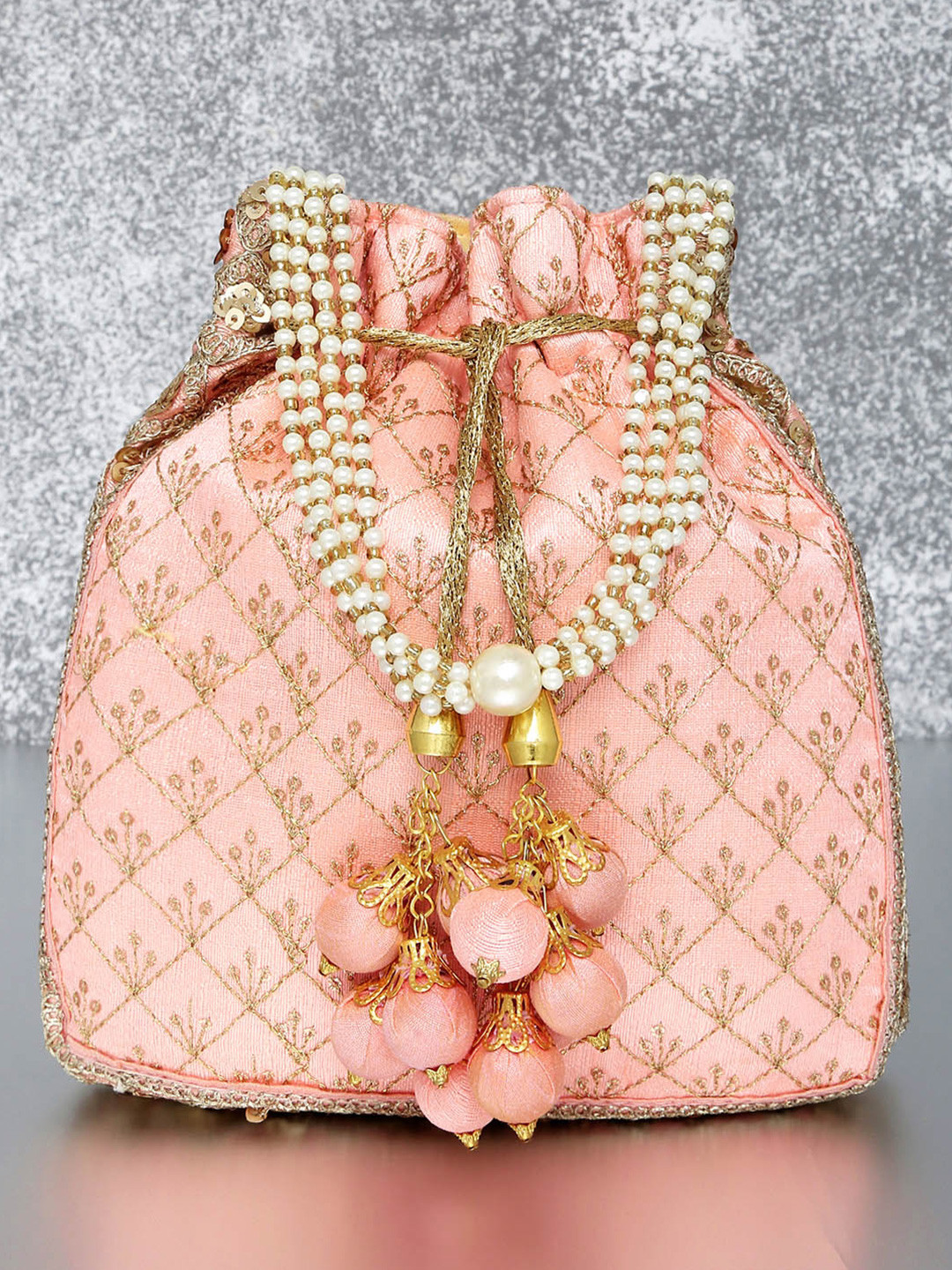 Peora Peach-Coloured & Gold-Toned Embellished Potli Clutch