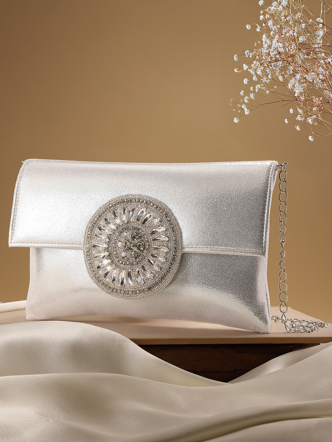 Peora Silver-Toned Embellished Handmade Purse Clutch