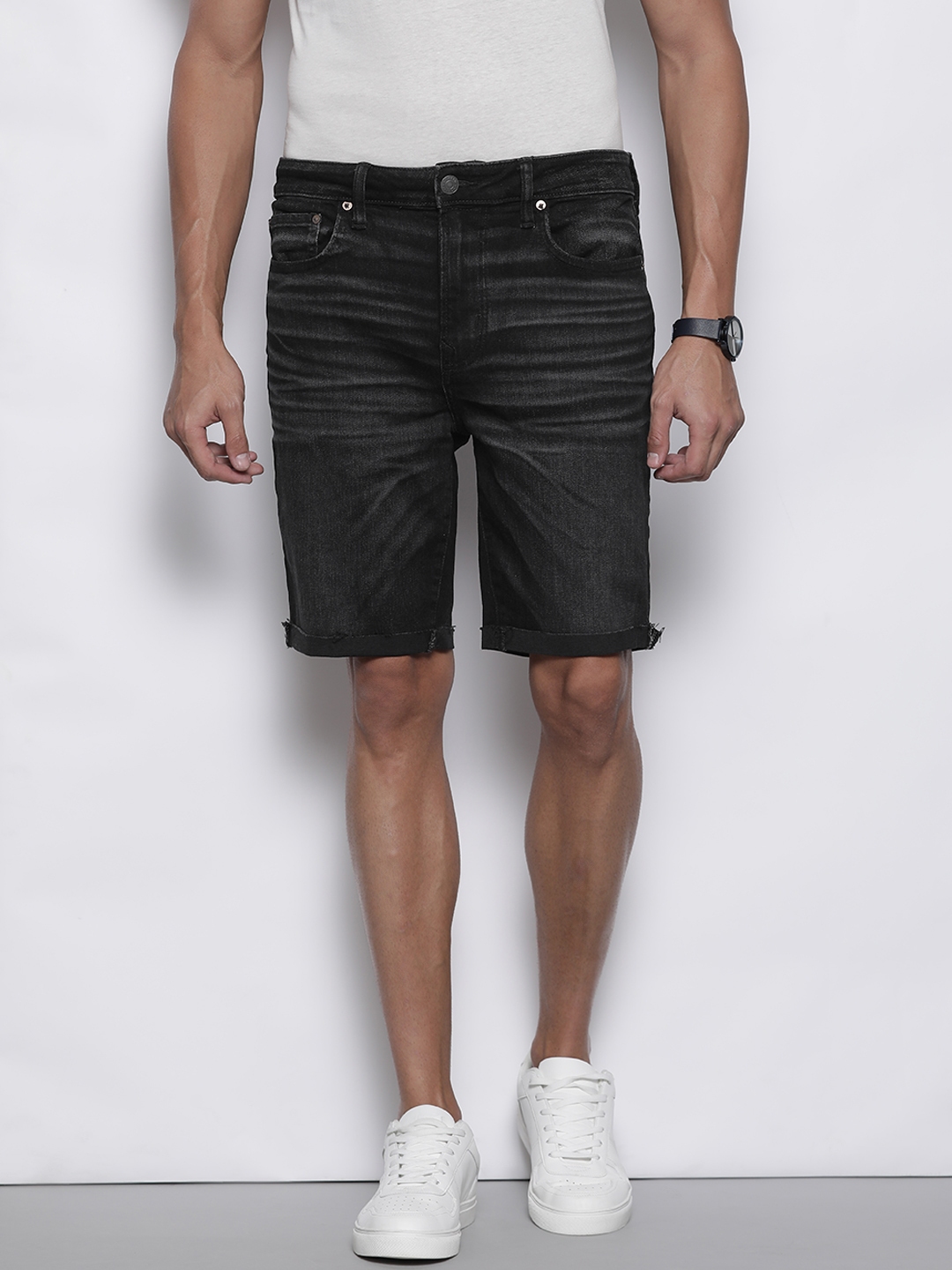 Buy AMERICAN EAGLE OUTFITTERS Men Black Solid Denim Shorts