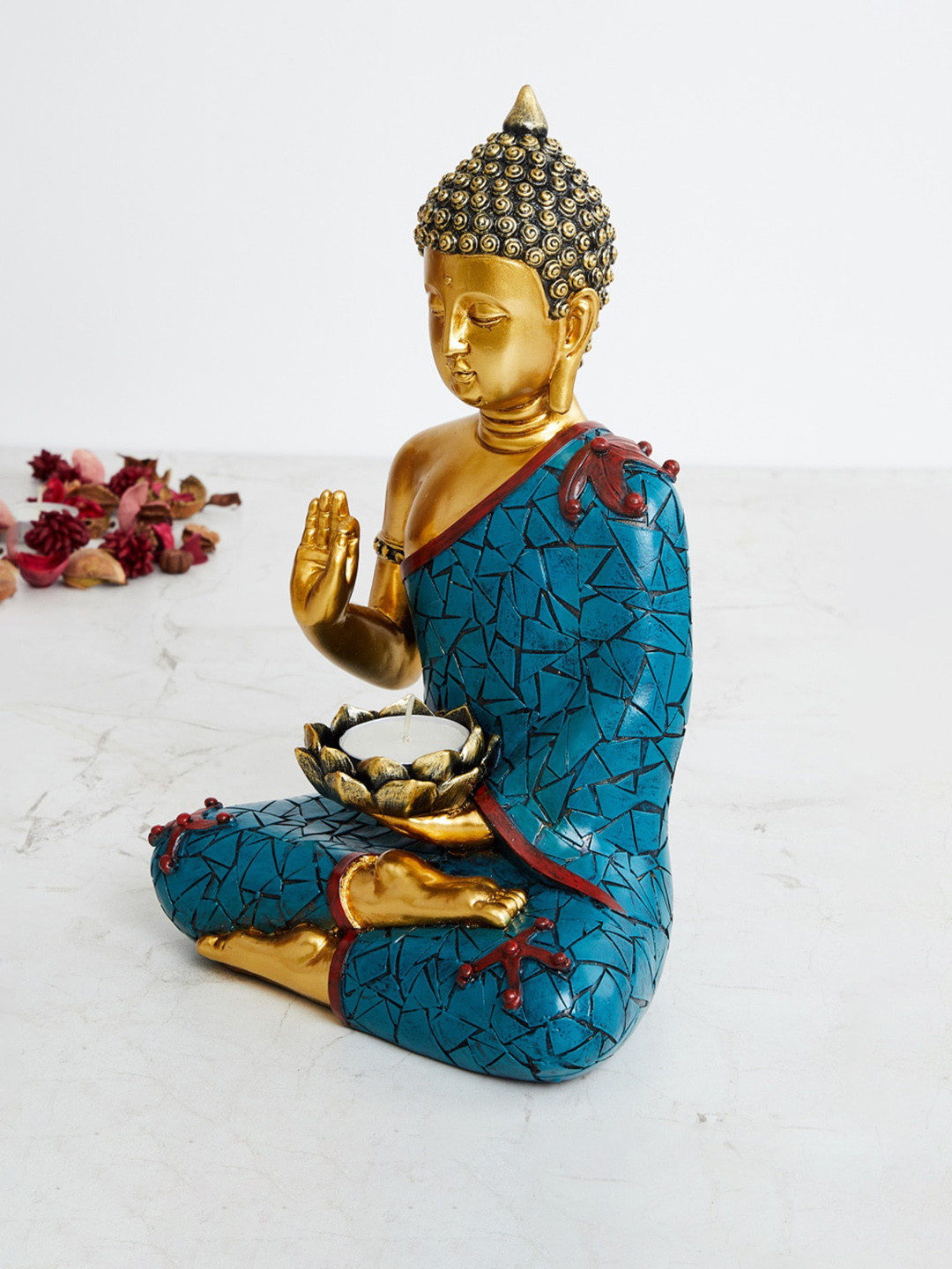Reebok Buddha with T-Light Holder Blue Polyresin Natural Living Room Lights Medium Showpiece - 10.2 Inches