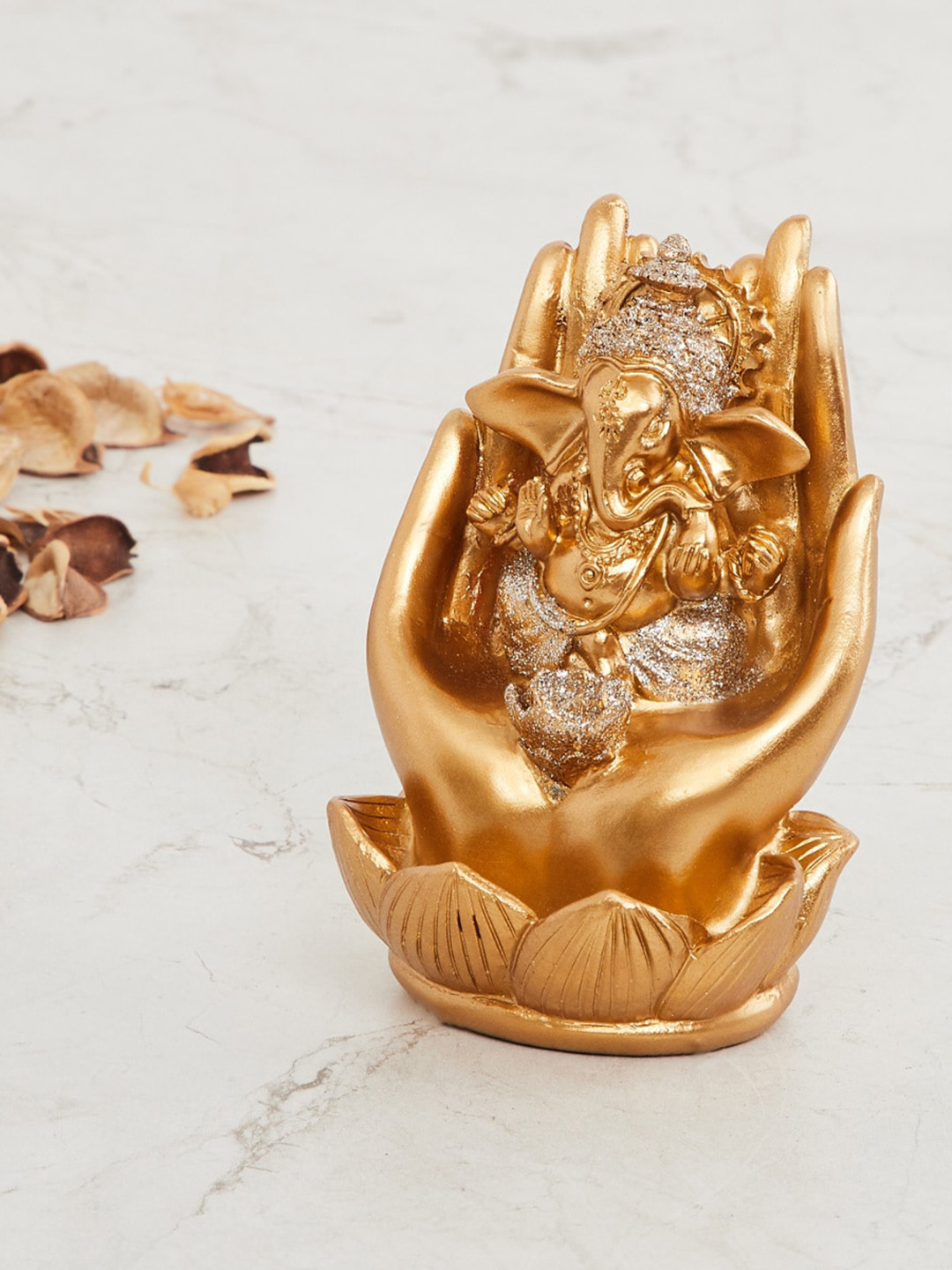 Home Centre Ganesha in Hand Gold Polyresin Glossy Prayer Room Medium Showpiece - 4.3 Inches
