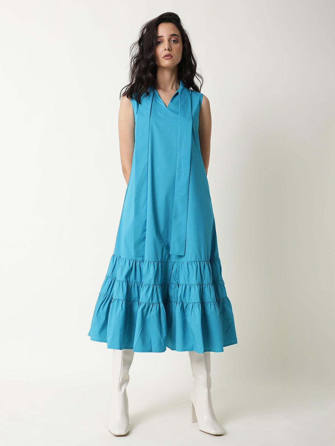 RAREISM Women Blue Tie-Up Neck A-Line Midi Dress