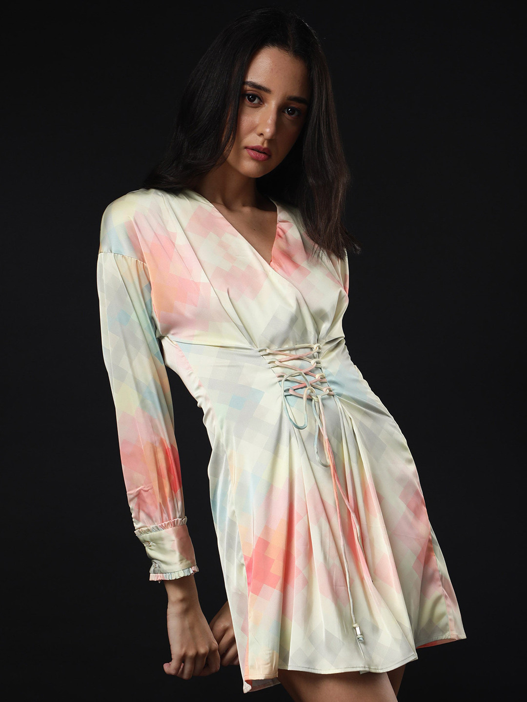 RAREISM Green & Yellow Abstract Wrap Mini Dress