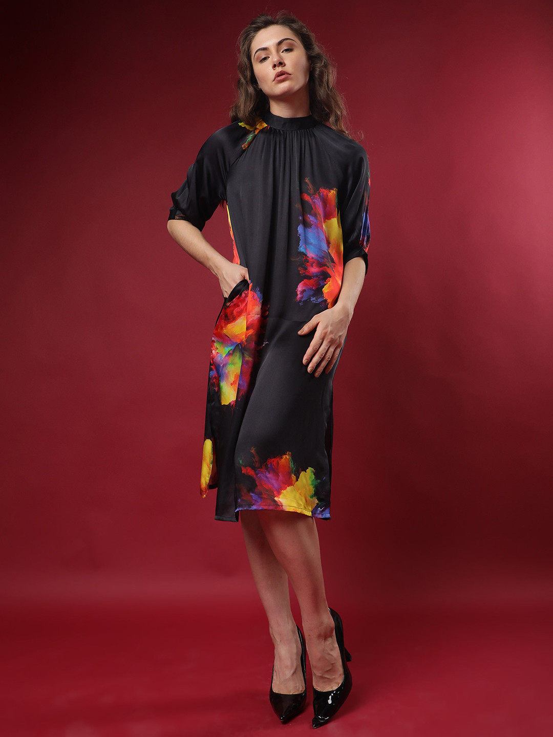 RAREISM Black & Orange Printed A-Line Dress