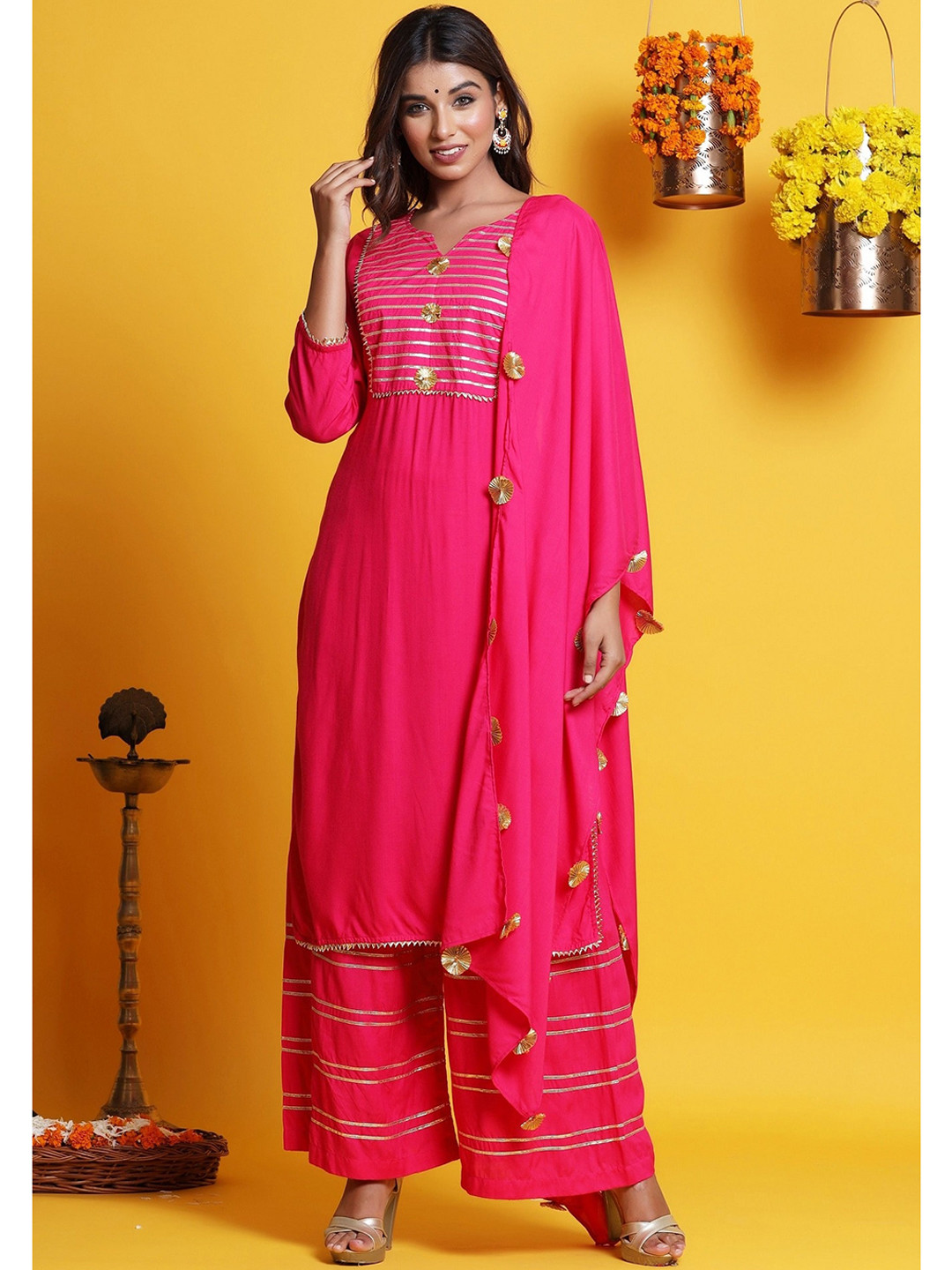 PINKVILLE JAIPUR Women Pink Yoke Design Gotta Patti Kurta with Palazzos & With Dupatta
