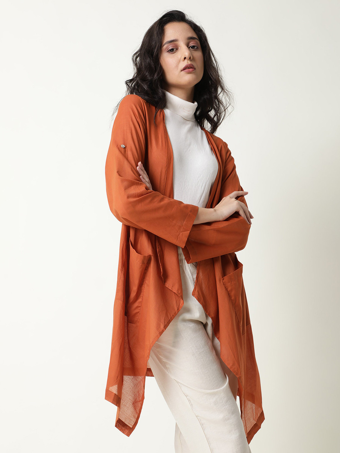 RAREISM Women Rust Brown Solid Cotton Shrug
