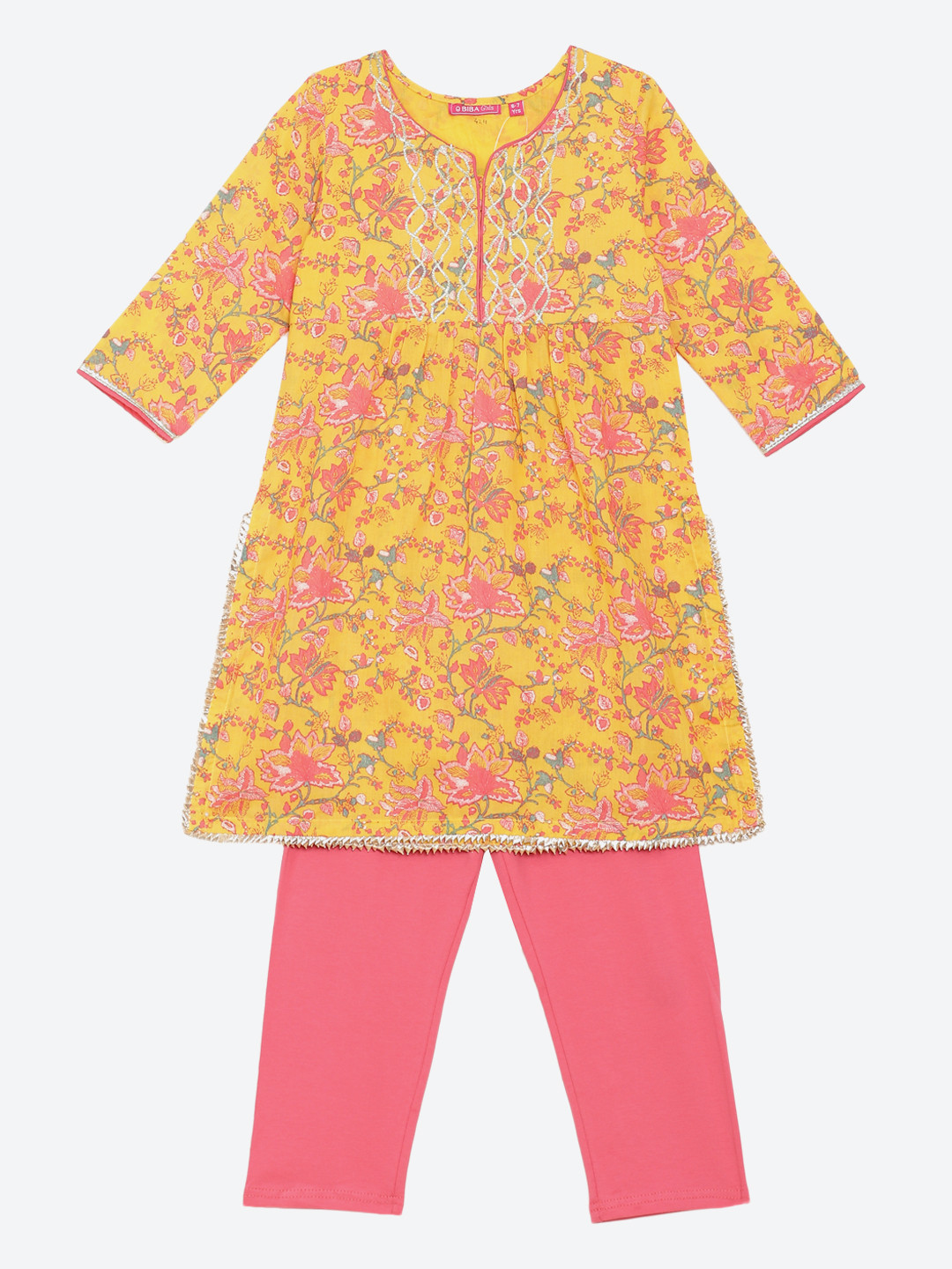 Biba Girls Yellow Floral Printed Pleated Gotta Patti Kurta with Trousers & Sling Bag