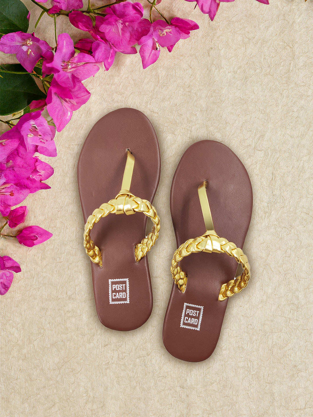 POSTCARD Women Brown & Gold T-Strap Flats
