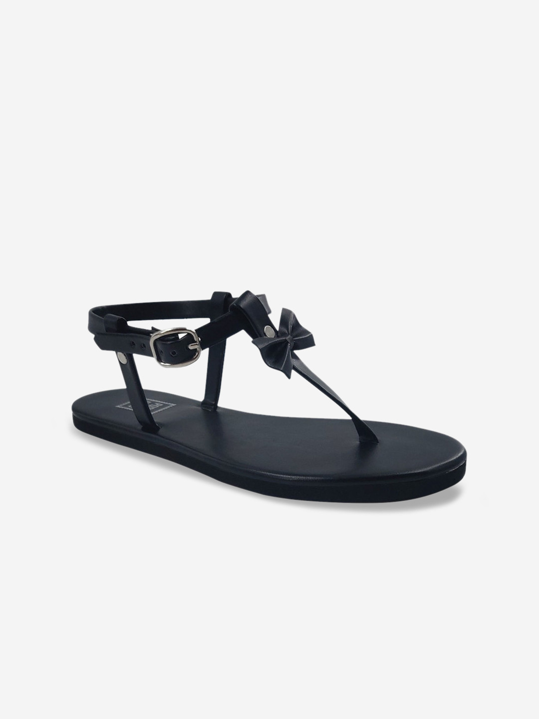 POSTCARD Women Black Embellished T-Strap Flats with Bows