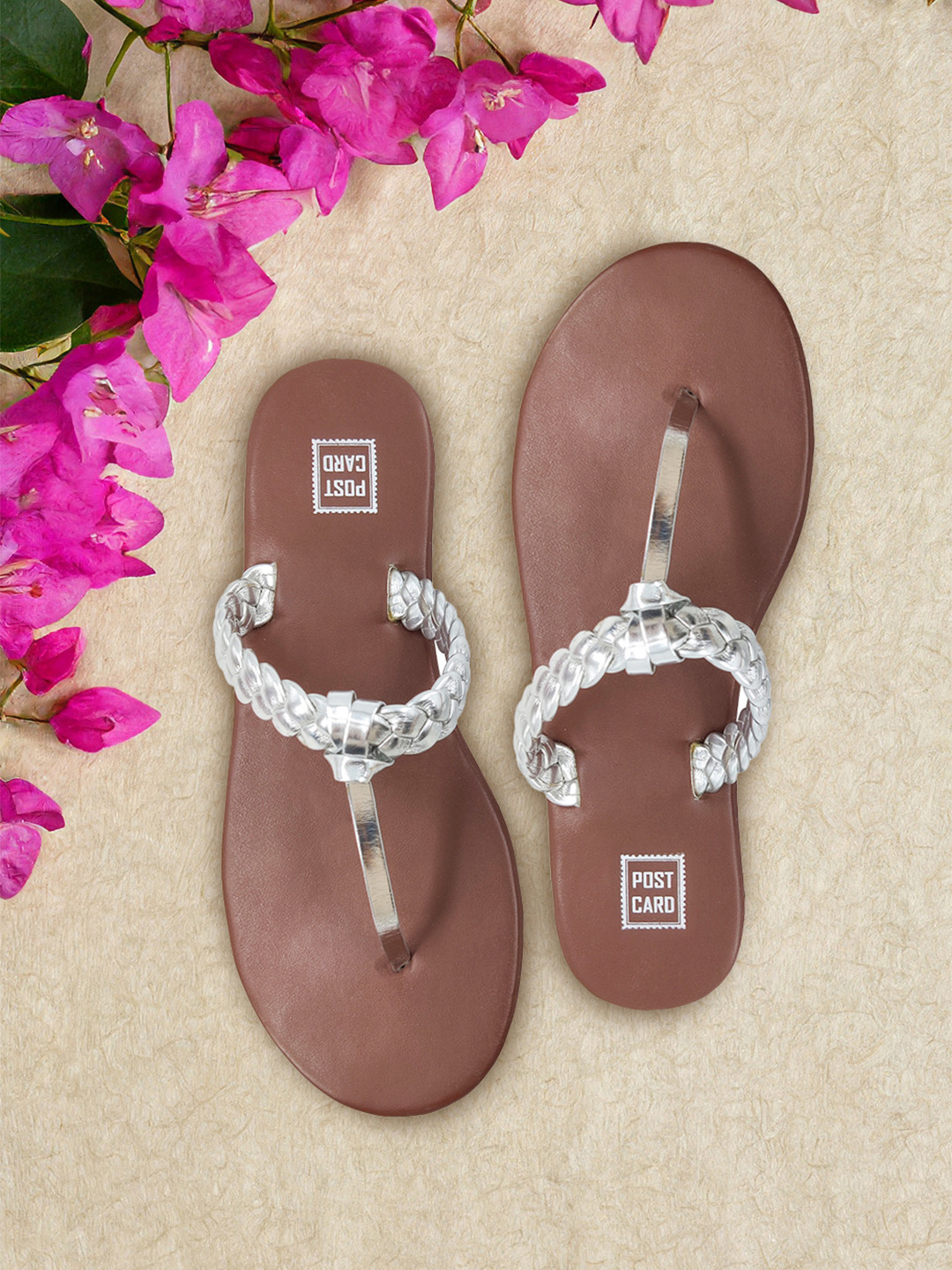 POSTCARD Women Silver-Toned & Brown Woven Design T-Strap Flats