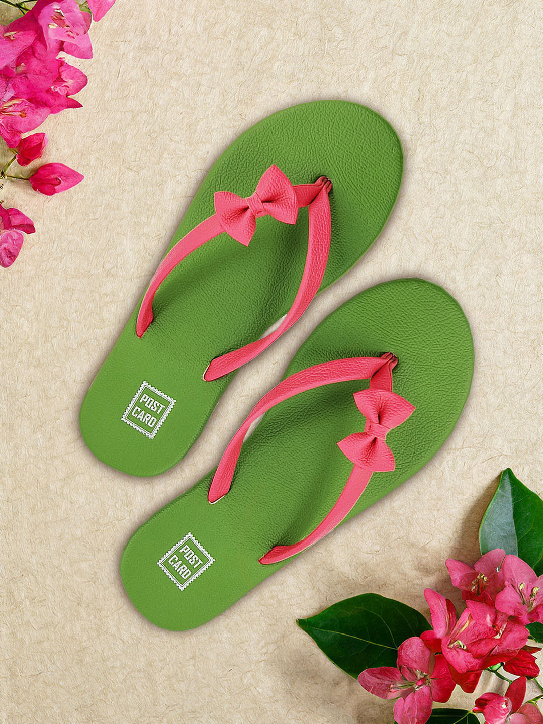 POSTCARD Women Fuchsia & Green Open Toe Flats With Bow