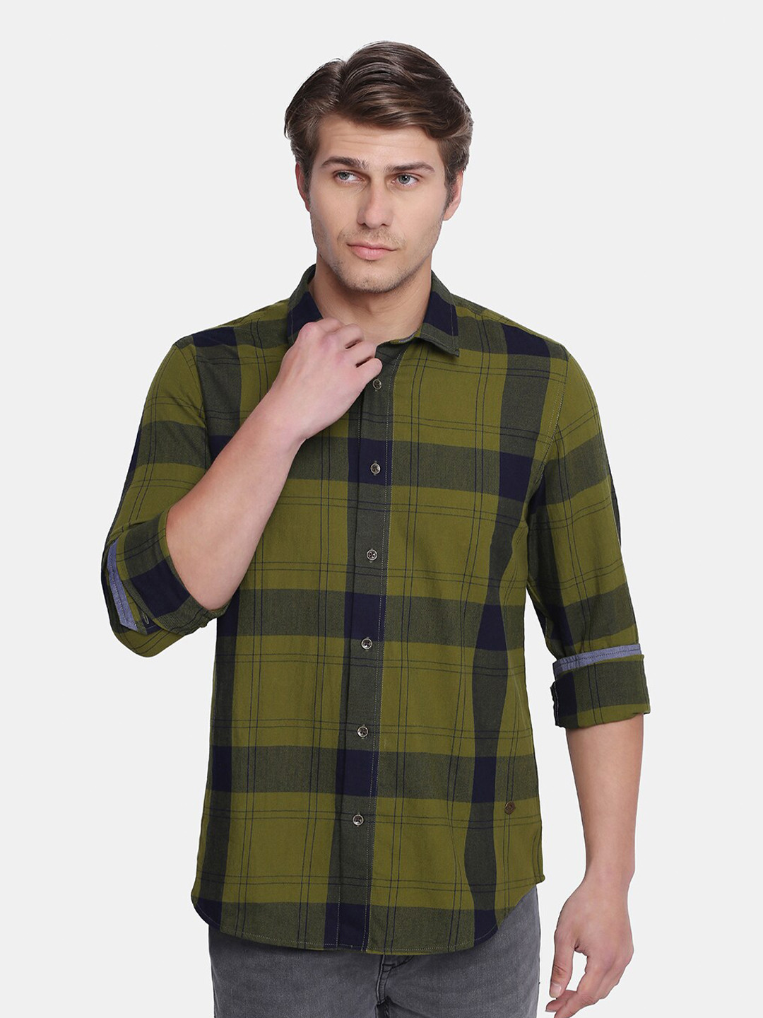 Blackberrys Men Olive Green India Slim Fit Tartan Checked Cotton Casual Shirt