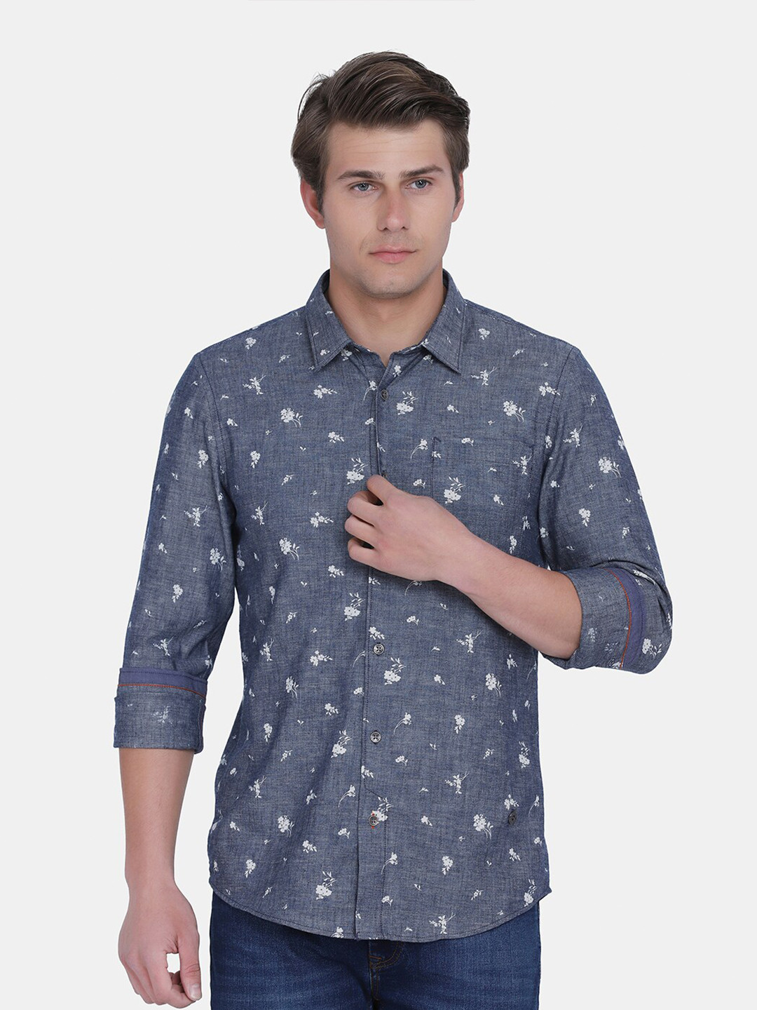 Blackberrys Men Blue India Slim Fit Floral Printed Cotton Casual Shirt