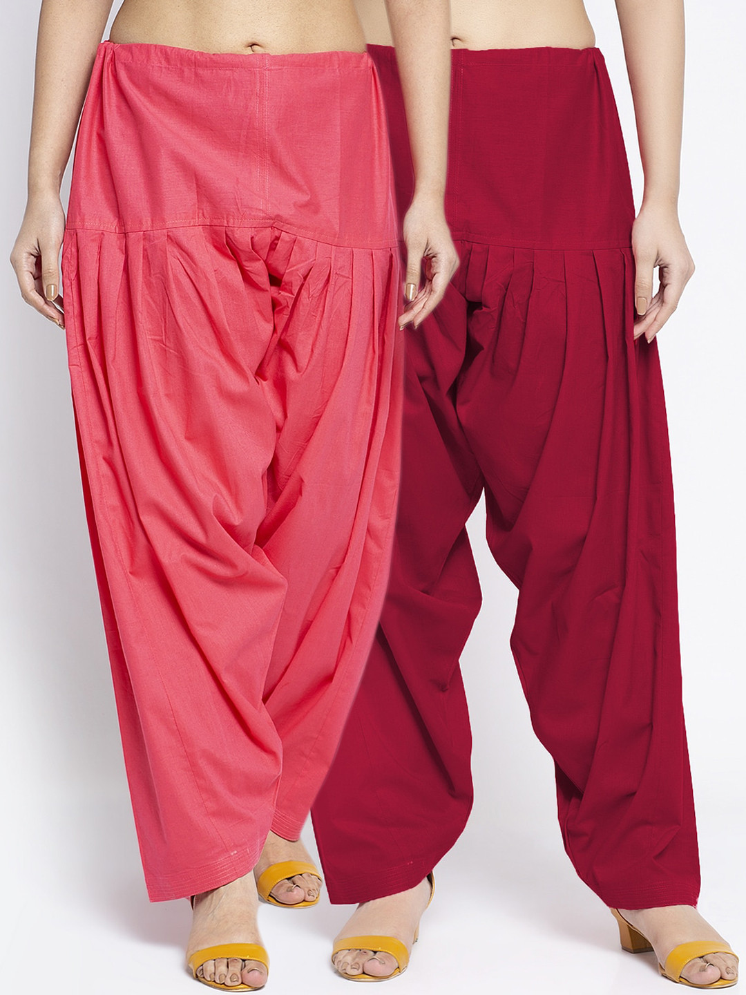 Jinfo Women Coral & Maroon Solid Pure Cotton Loose Fit Salwars Pack Of 2