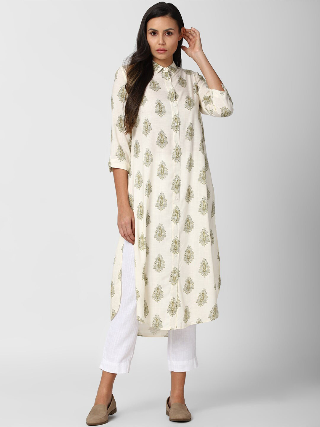 Van Heusen Woman Cream-Coloured & Olive Green Viscose Rayon Shirt Collar Printed Tunic