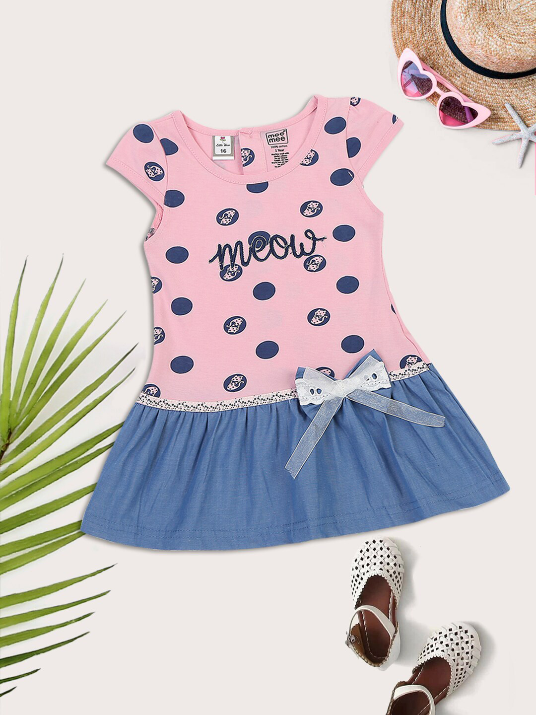 MeeMee Girls Pink & Blue Polka Dot Printed Cotton Drop-Waist Dress