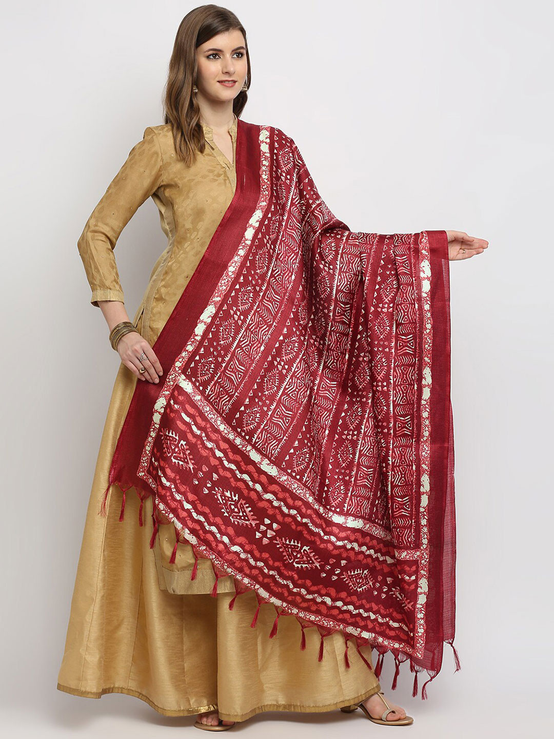 Dupatta Bazaar Maroon & White Batik Printed Dupatta