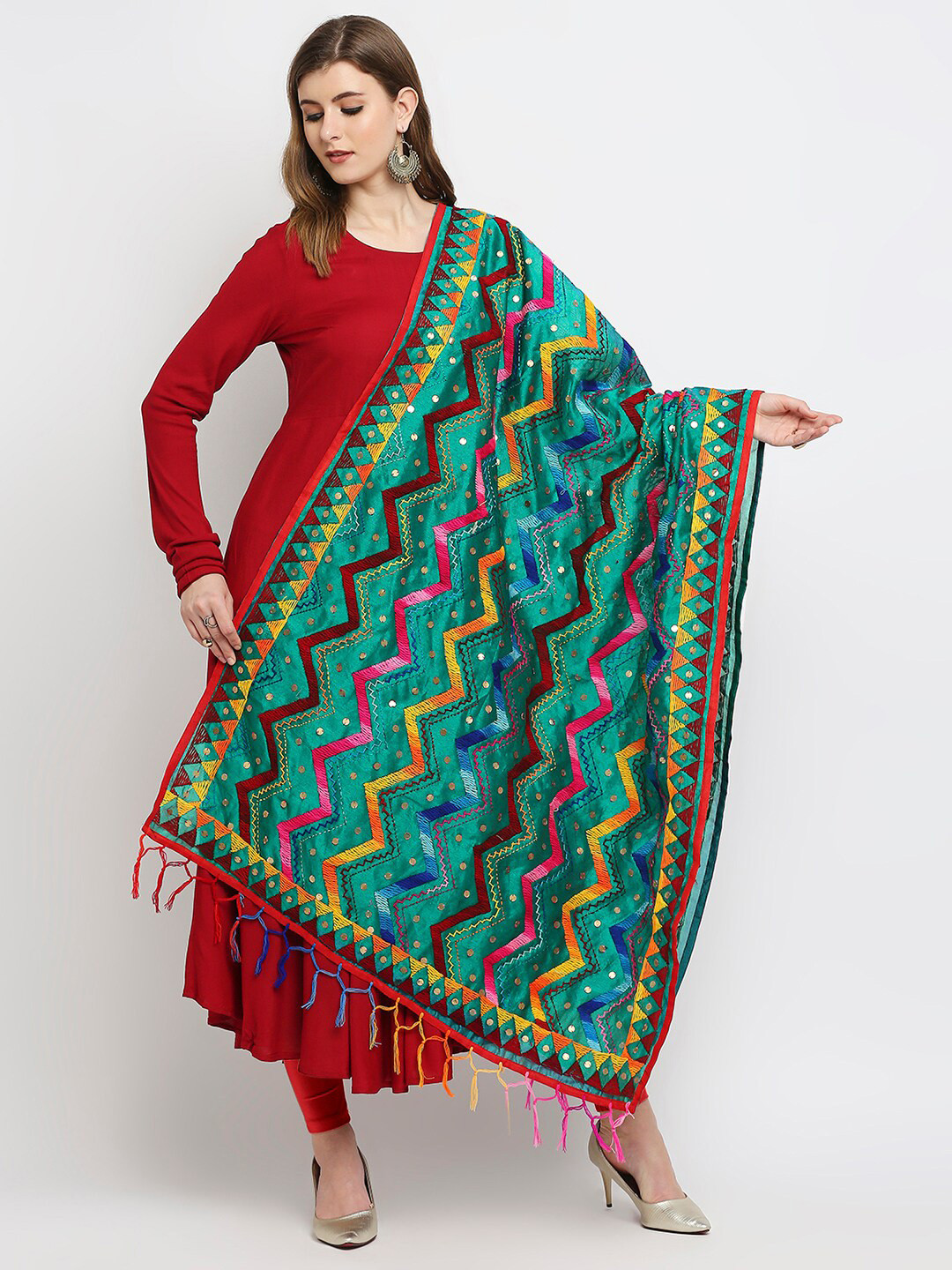 Dupatta Bazaar Teal & Pink Ethnic Motifs Embroidered Dupatta with Beads and Stones