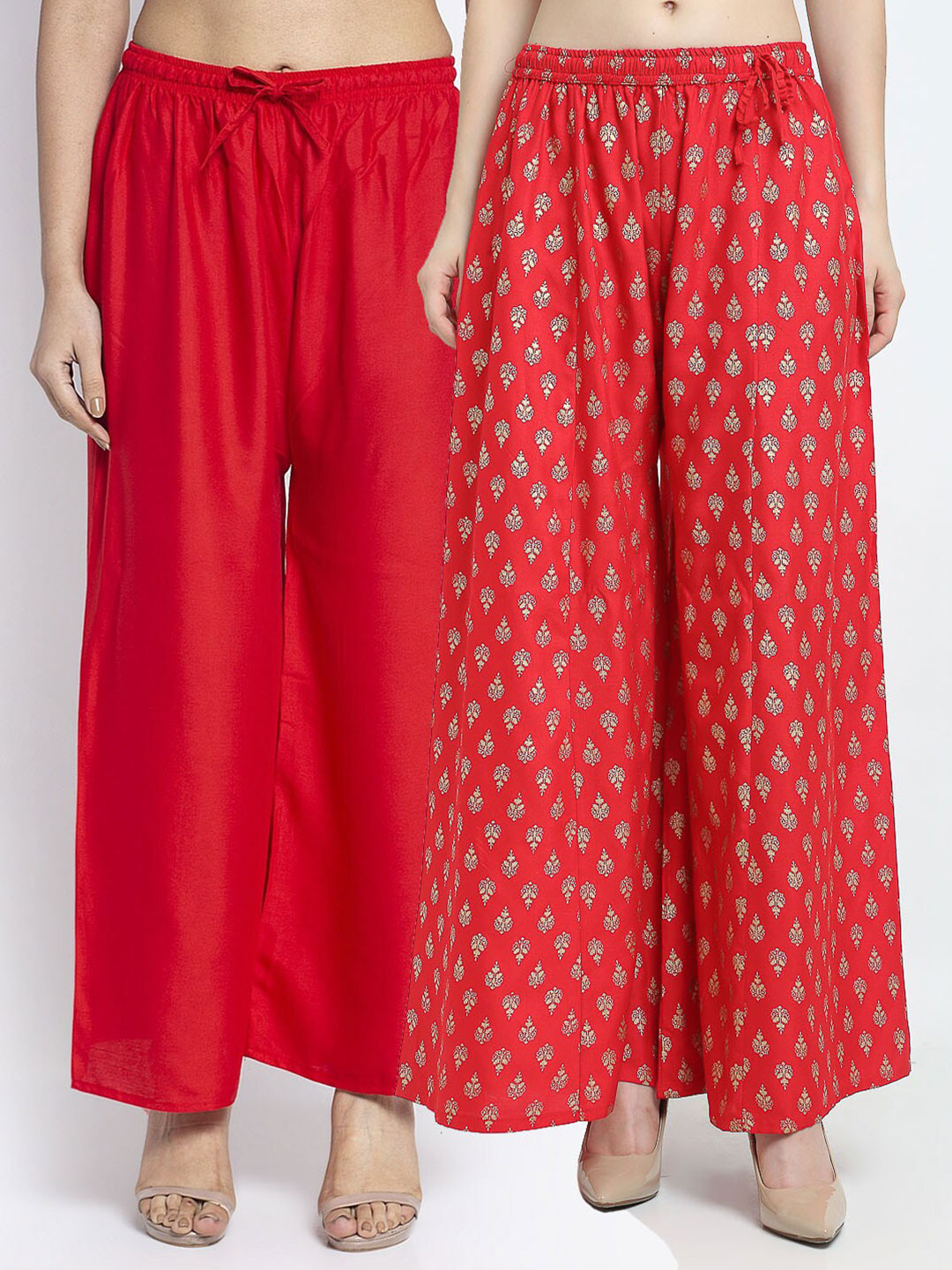 Jinfo Women Red & Peach-Coloured Pack Of 2 Printed Knitted Ethnic Palazzos