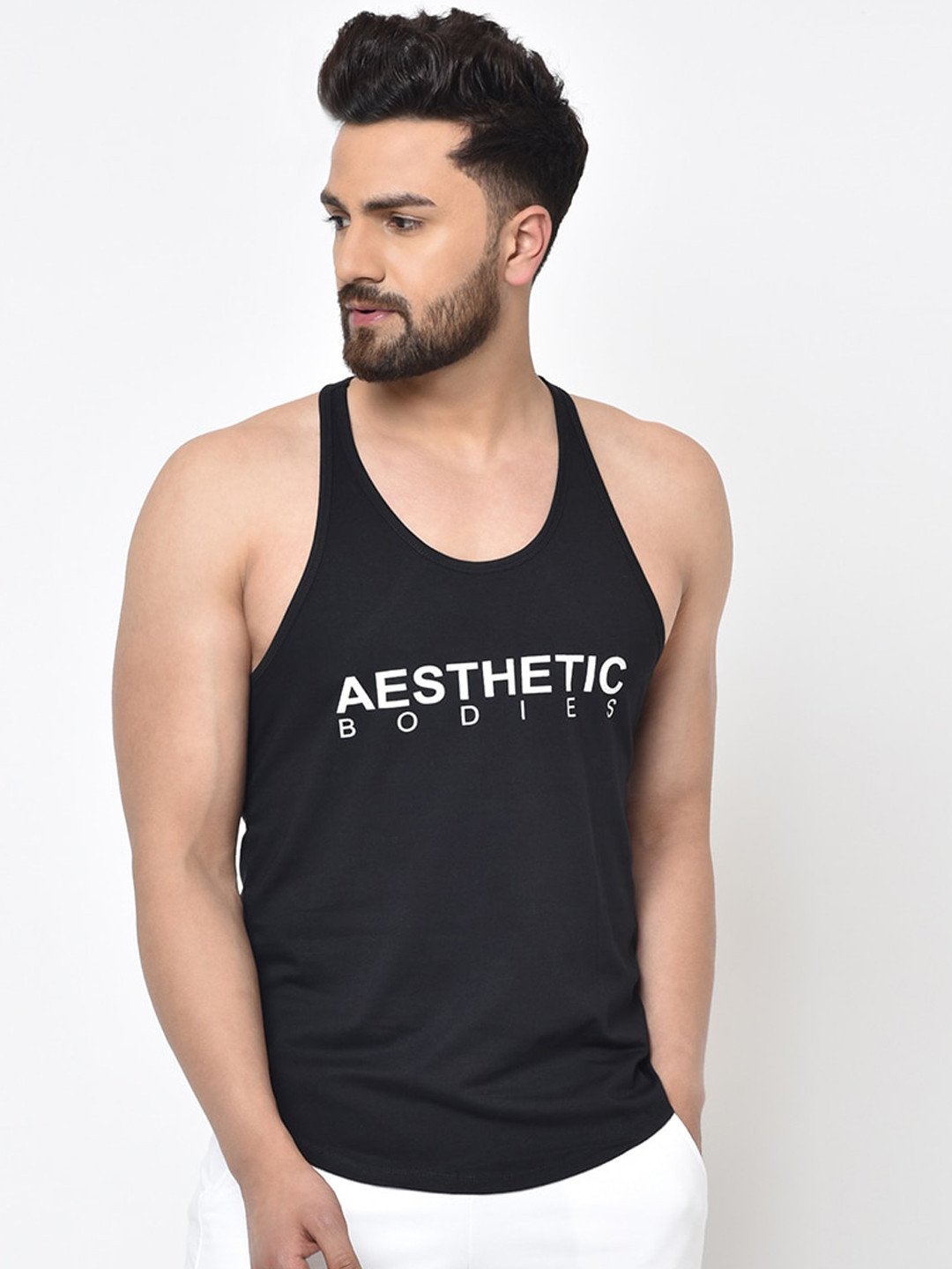 Aesthetic Bodies Men Black Printed Cotton Innerwear Vest
