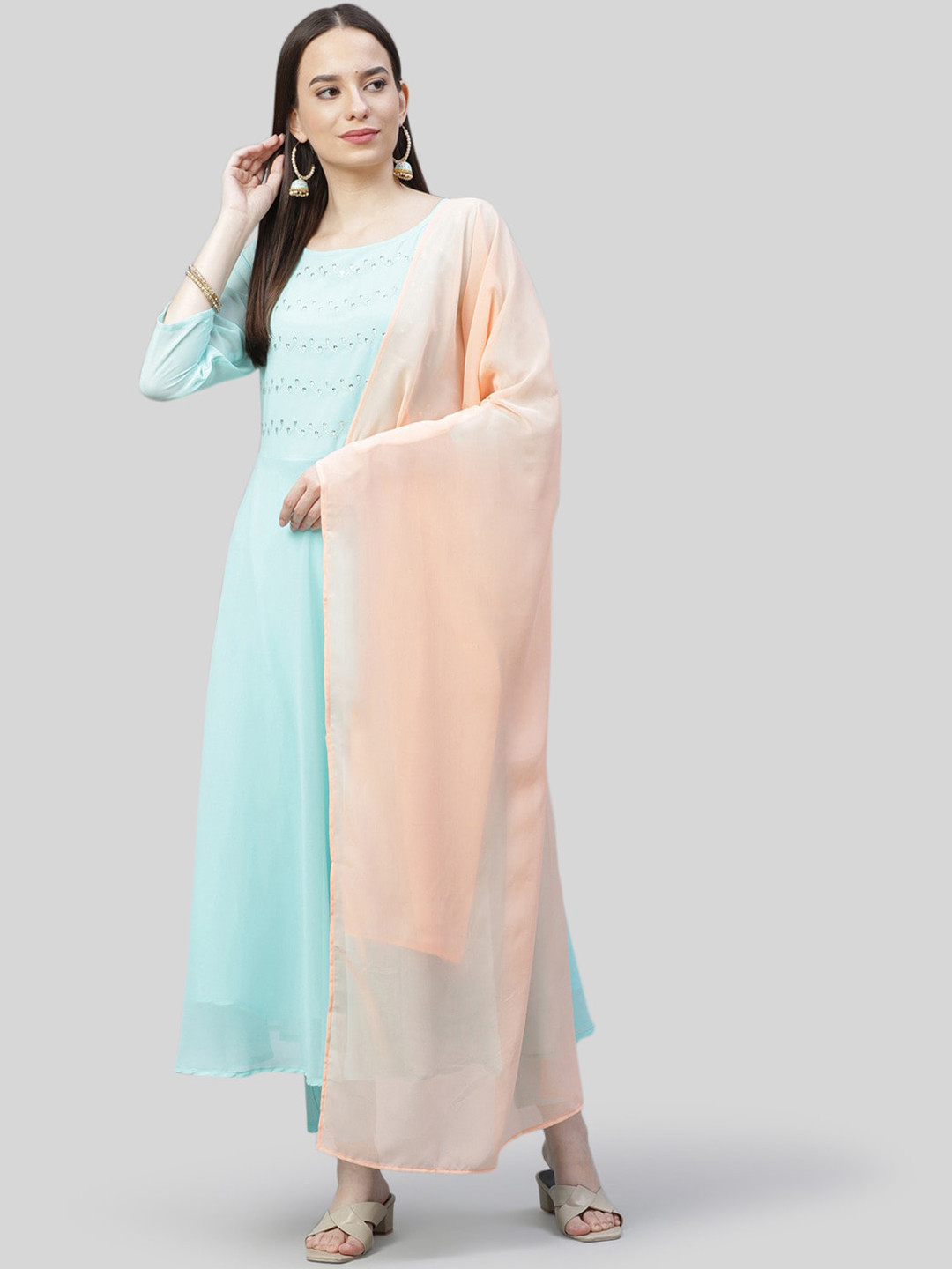 Jompers Women Turquoise Blue Striped Layered Kurti with Trousers & With Dupatta