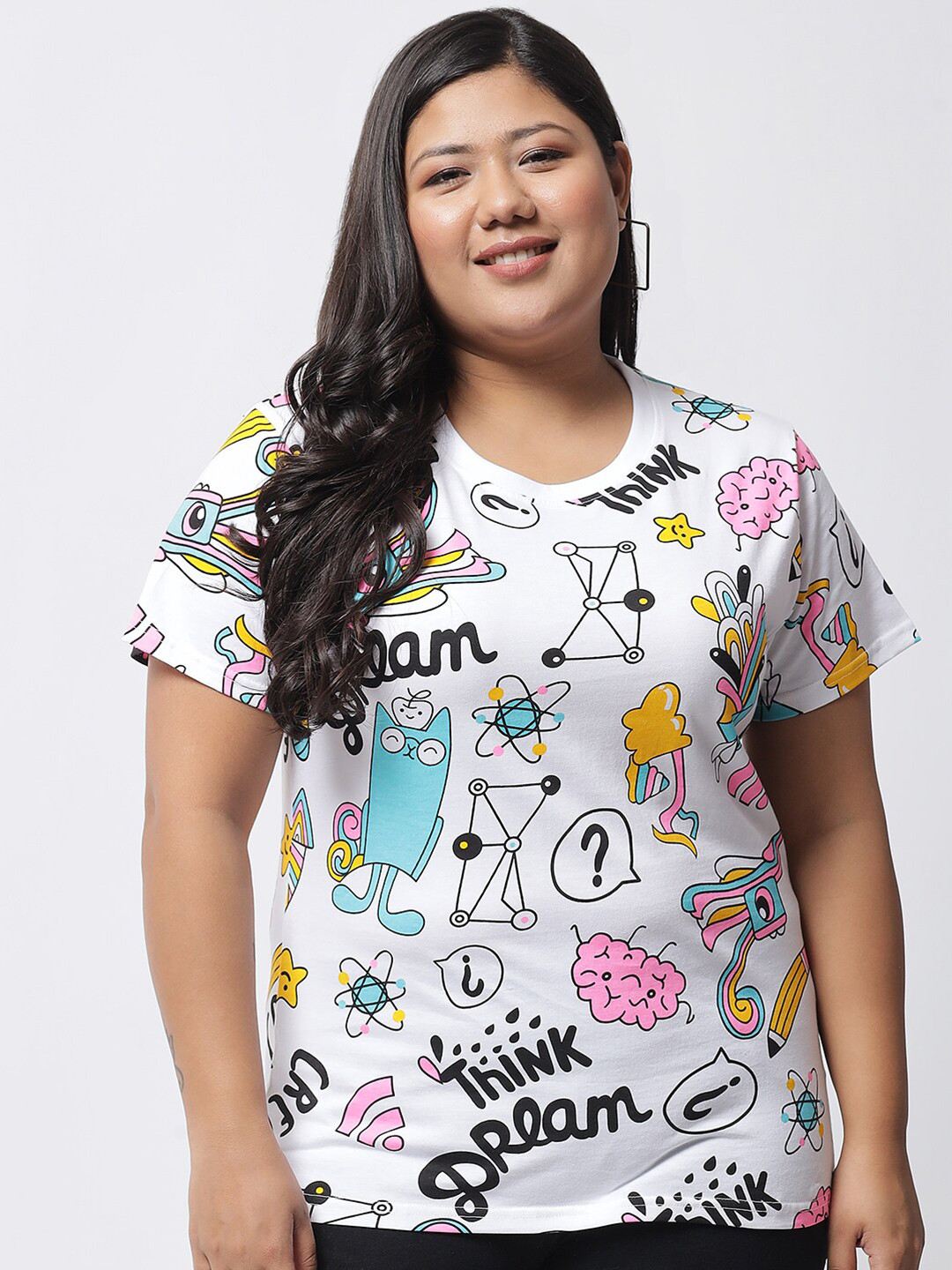 BEYOUND SIZE - THE DRY STATE Plus Size Women White & Pink Printed T-shirt