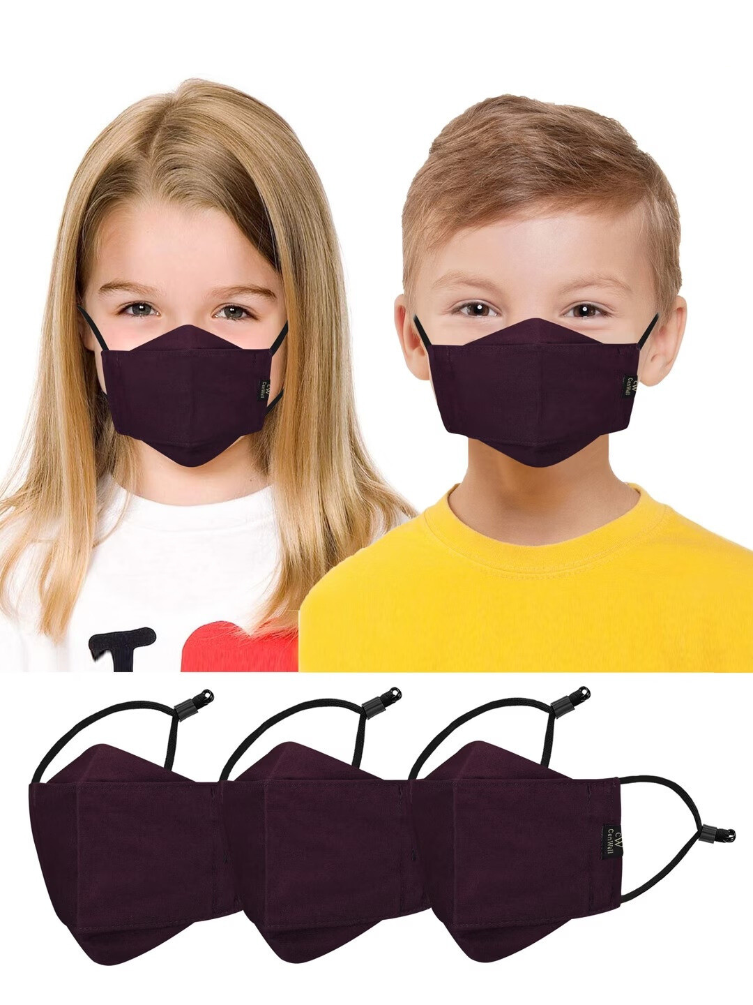 CENWELL Kids Set Of 3 Maroon Solid  6-Ply Pure Cotton 3D Reusable Masks