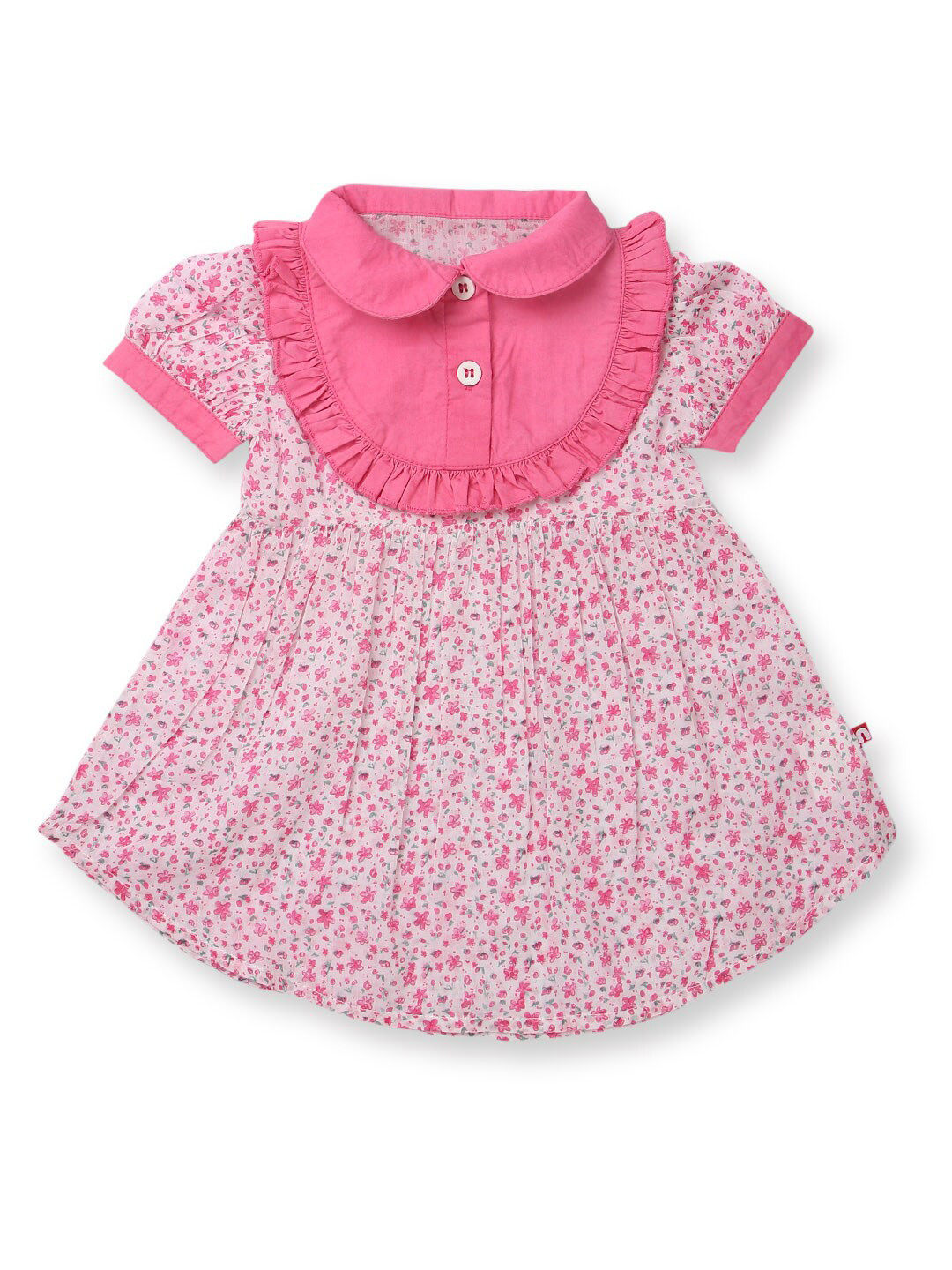 Nino Bambino Girls Pink & White Peter Pan Collar With Ruffled Detail Organic Cotton Dress