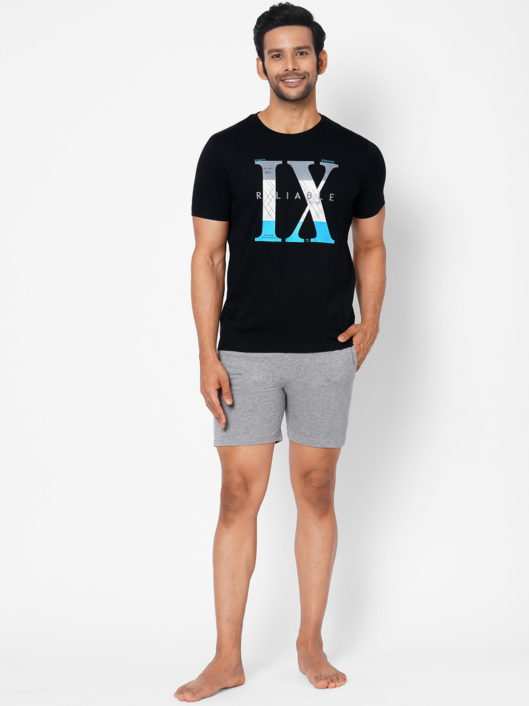 Sweet Dreams Men Black & Grey Printed Pure Cotton Night Suit