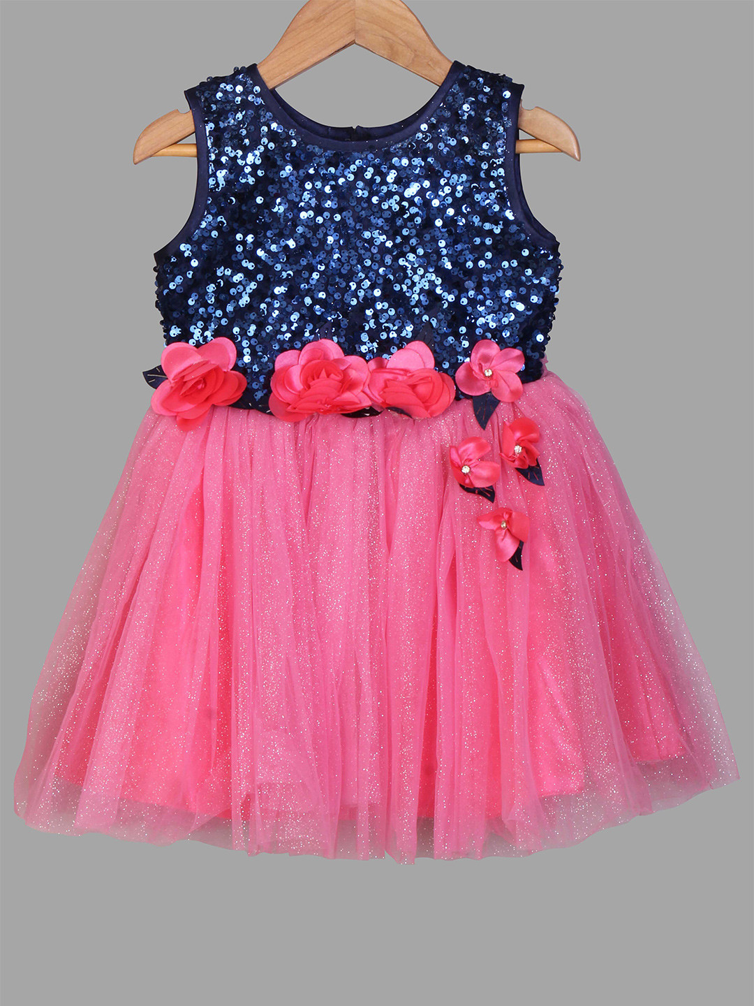 Enfance Navy Blue & Pink Embellished Sequined Net Dress